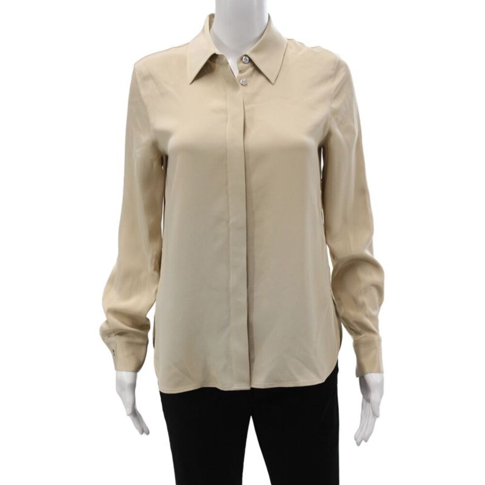 Lily Silk Womens Collared Long Sleeve Solid Blouse Beige Size XS
